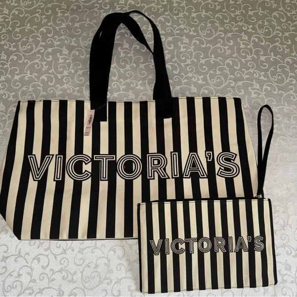 Victoria's Secret Black and White Striped Tote Set NWT - Picture 6 of 15